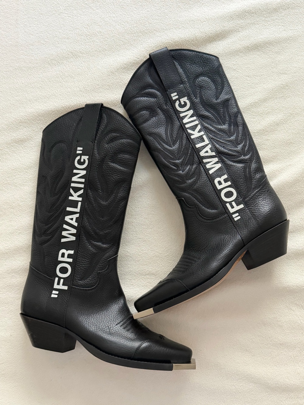 Off-White Black Leather Western Heeled Boots with White "FOR WALKING" Text